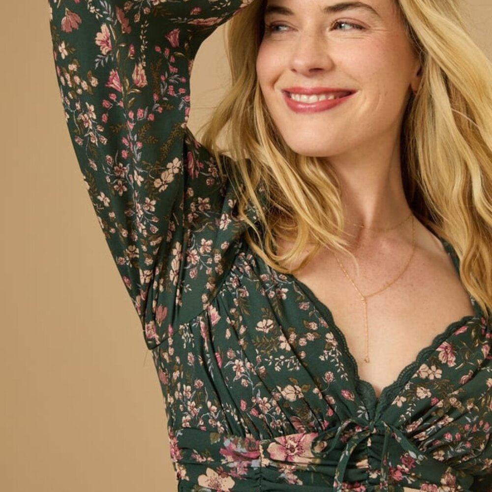 Altar'd State Dark Green Floral Blouse